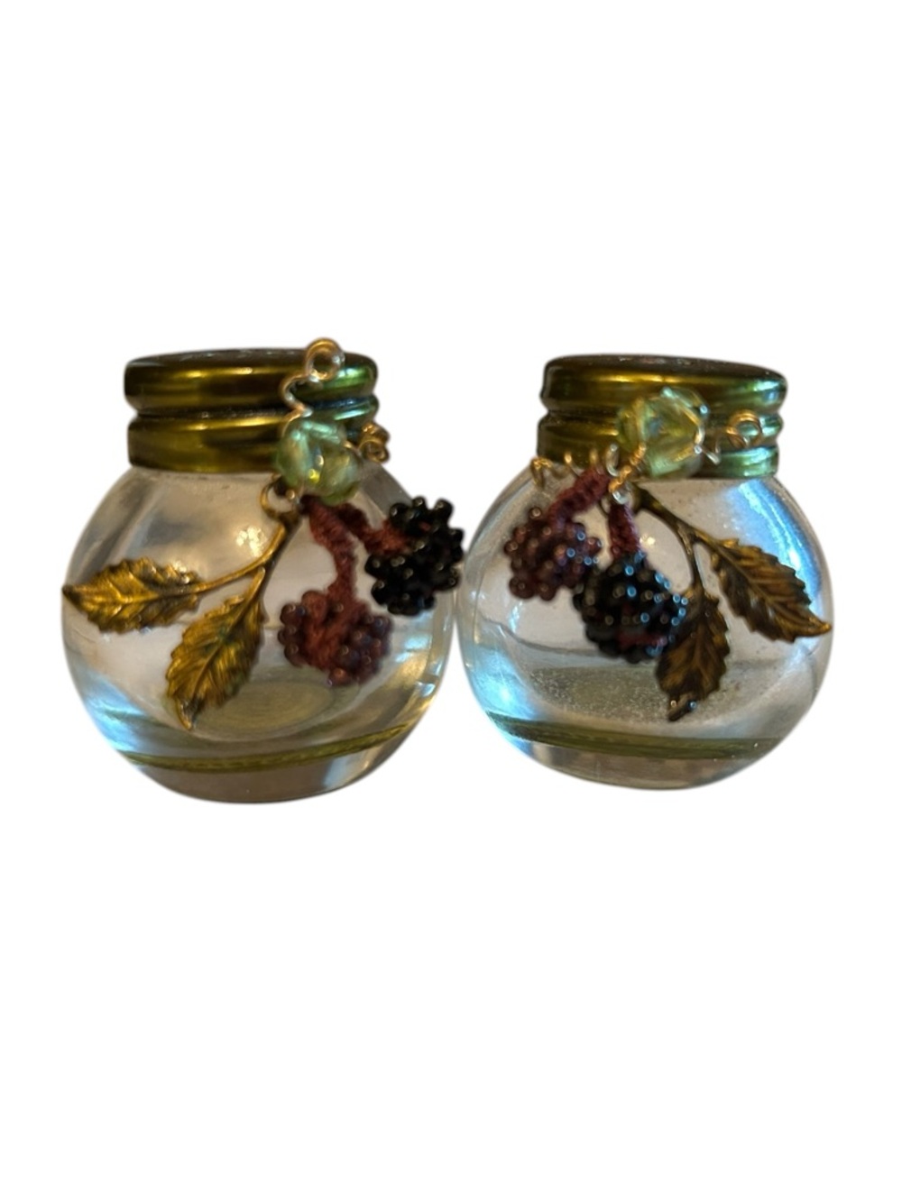Vintage Salt and Pepper Shakers w Beaded Berry & Gold Leaf Charms